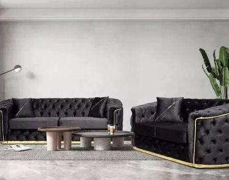 Khazi Upholstered Sofa 3 + 2 Plush Steel / Dark Grey
