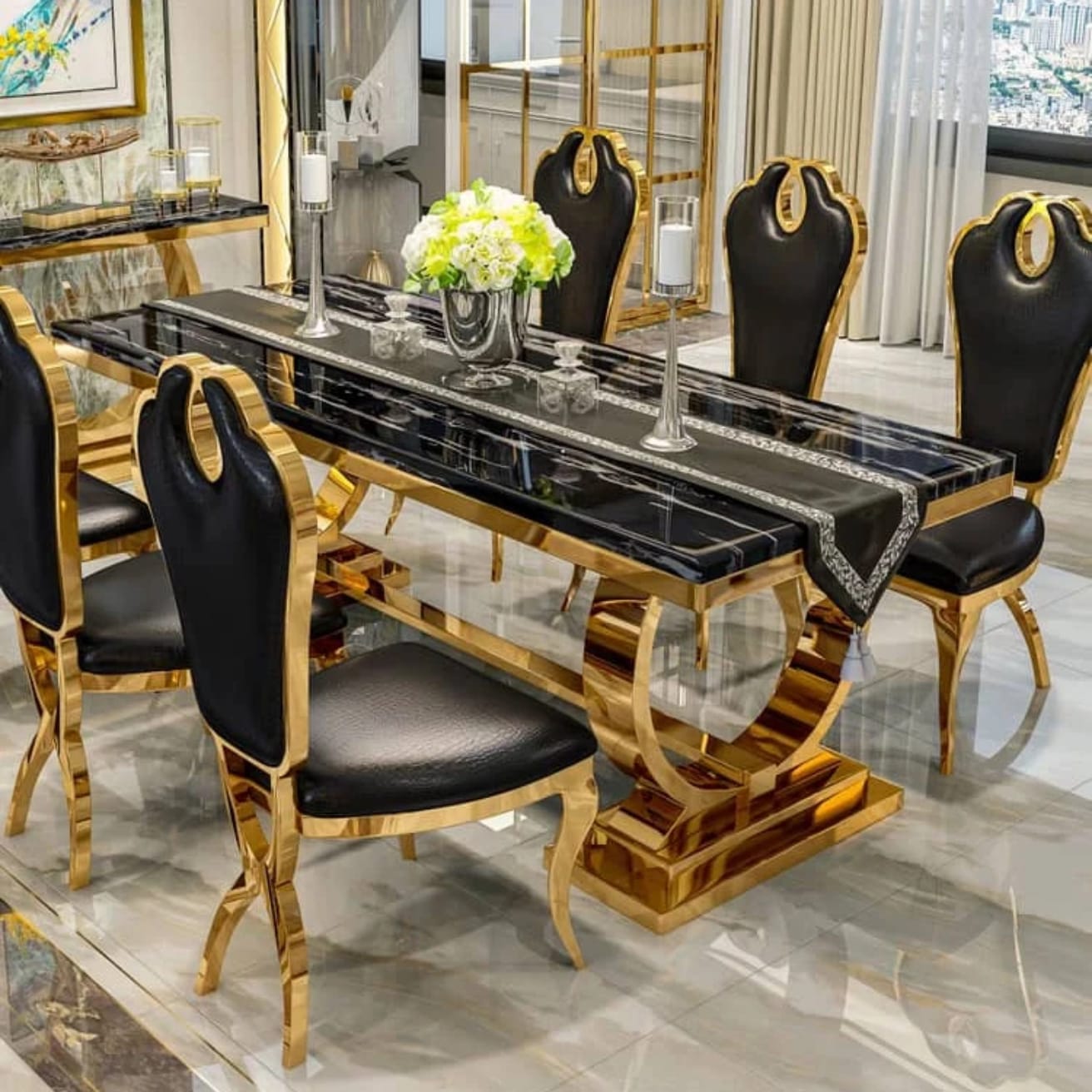 Imperial Luxe Black & Gold Marble Dining Set - Image 2